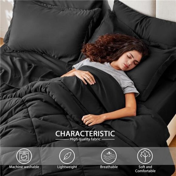 Full Comforter Set Black,7 Pieces Full Bed in a Bag, All Season Full Bedding Set - Picture 3 of 7